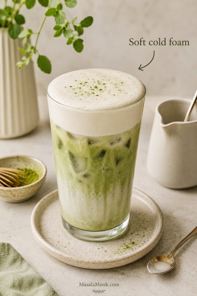 Iced matcha latte topped with soft cold foam and a light dusting of matcha