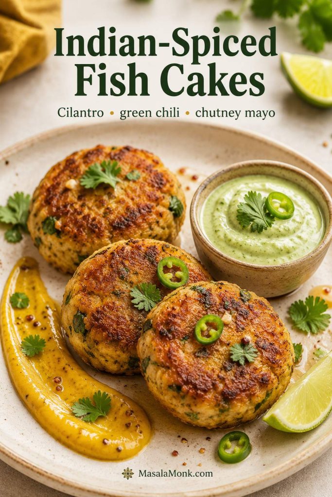 Indian-spiced fish cakes with cilantro, green chili, chutney mayo, mango mustard sauce, and lime