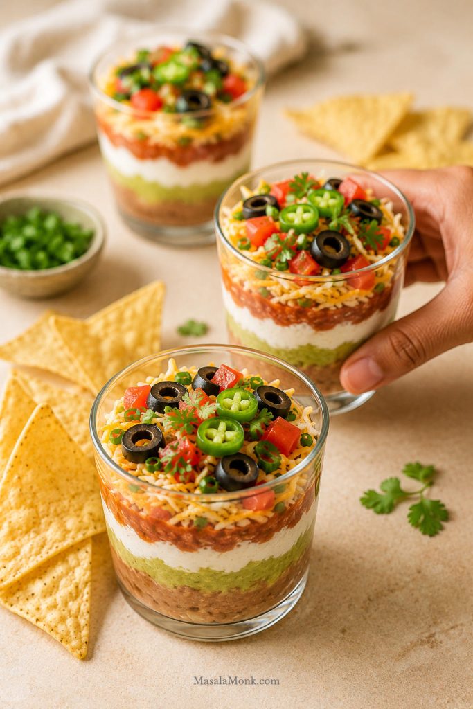 Individual 7 layer dip cups in clear glasses with visible beans, avocado, sour cream, salsa, cheese, tomatoes, olives, jalapeños, cilantro, and tortilla chips.