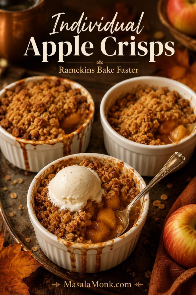 Individual apple crisps baked in white ramekins with golden oat topping and one serving topped with vanilla ice cream.