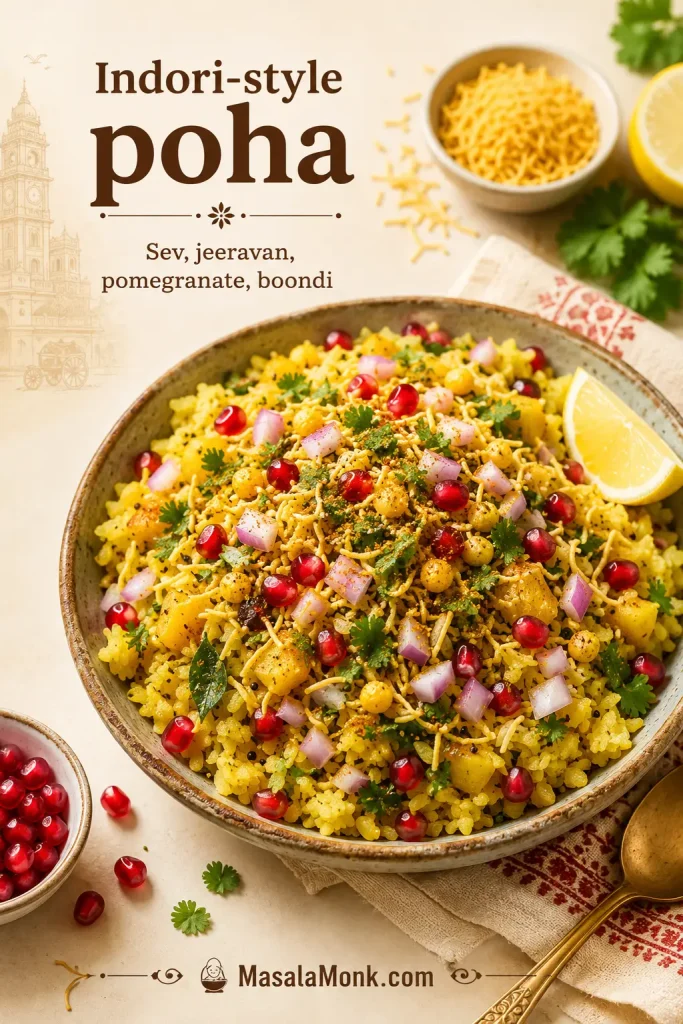 Indori-style poha topped with sev, jeeravan, chopped onion, coriander, pomegranate, lemon, and boondi.