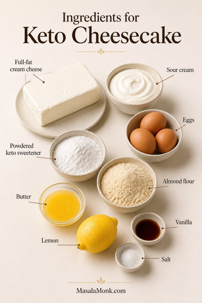 Labeled keto cheesecake ingredients including cream cheese, sour cream, eggs, powdered sweetener, almond flour, butter, lemon, vanilla, and salt.