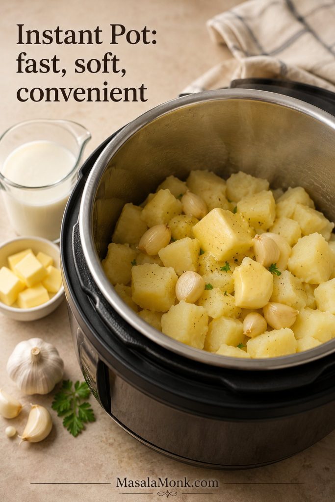 Cooked potato chunks and garlic in a pressure cooker insert with butter and warm milk nearby.