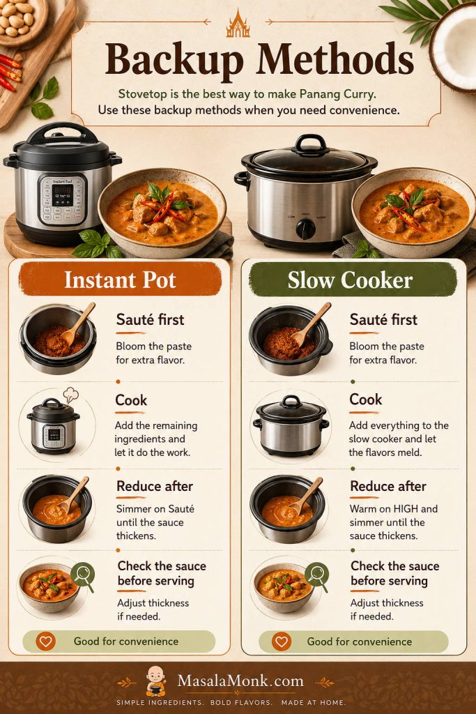 Backup-method guide for Panang curry showing Instant Pot and slow cooker options with sauté first, cook, reduce after, and check sauce cues.