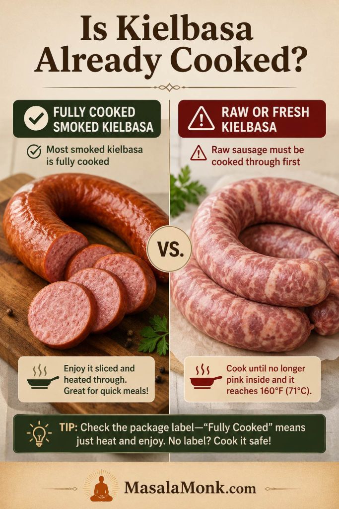 Comparison board showing fully cooked smoked kielbasa and raw sausage with cooking guidance for each.
