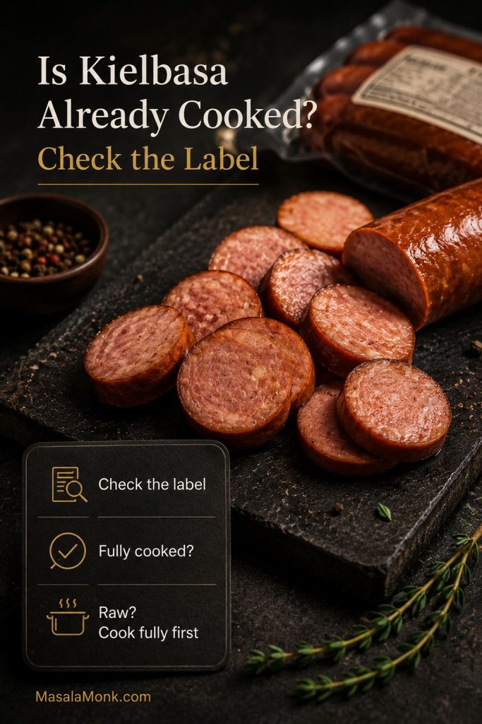 Sliced kielbasa with a check-label reminder about fully cooked and raw sausage.