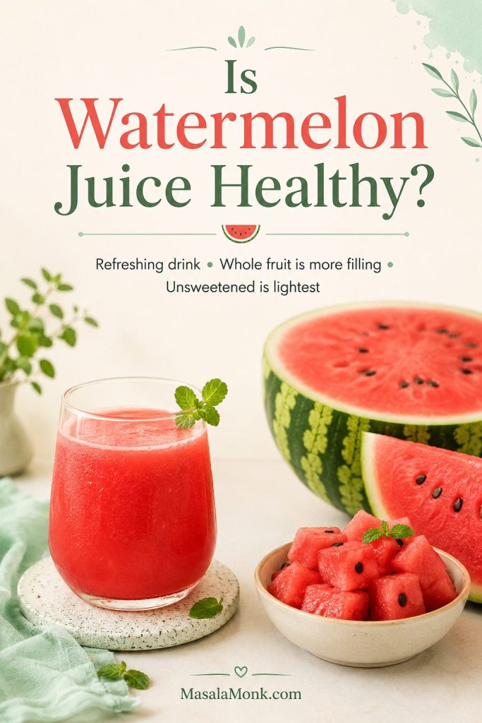 Modest glass of watermelon juice beside whole watermelon pieces for a balanced health comparison.
