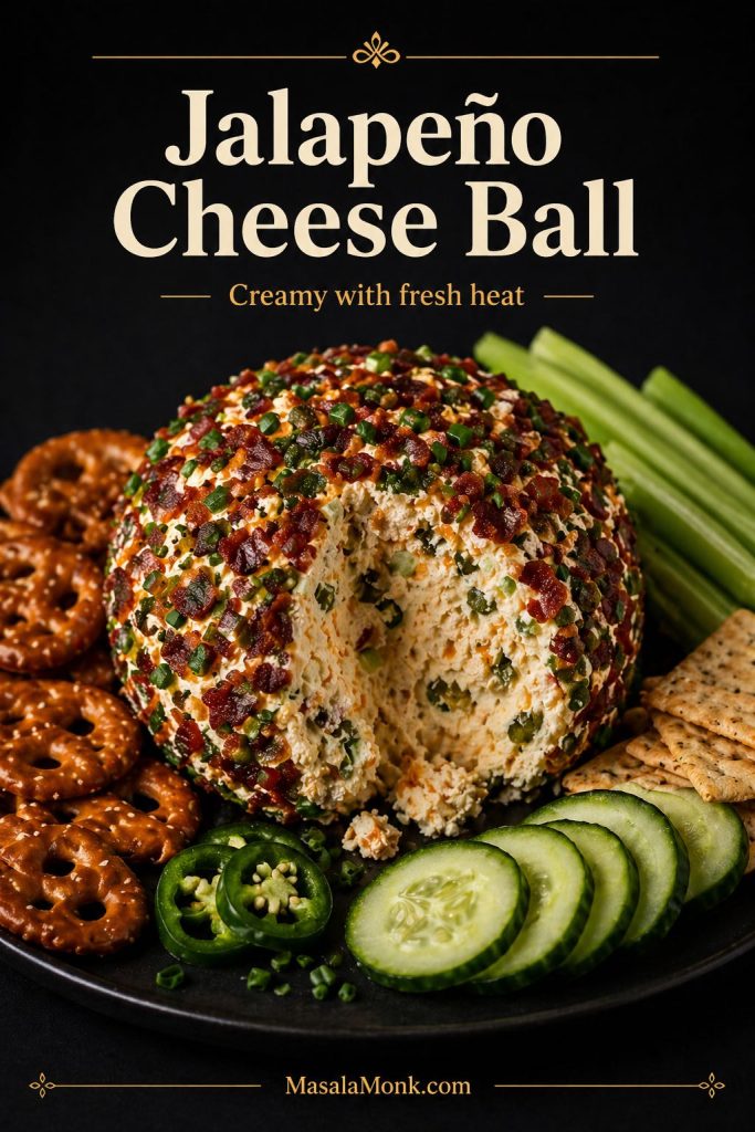 Jalapeño cheese ball with a creamy filling, chopped jalapeños, green herbs, and cheddar flecks, served with pretzels, cucumber slices, celery sticks, and crackers.