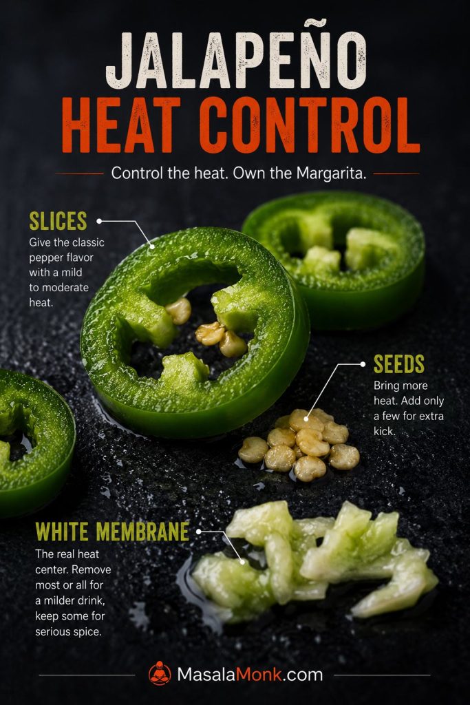 Jalapeño heat control guide showing sliced jalapeño, seeds, and white membrane for adjusting margarita spice level.