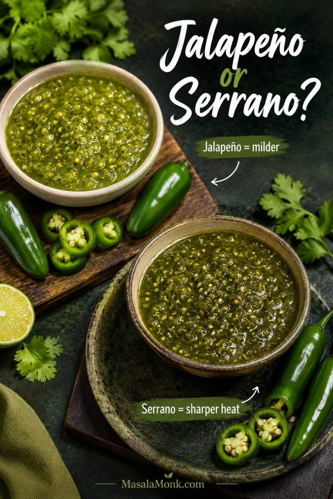 Jalapeños and serrano peppers beside two bowls of salsa verde with labels comparing milder and sharper heat
