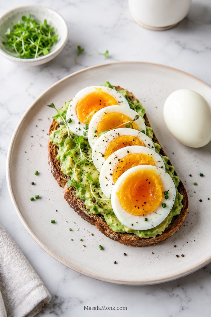 Jammy egg avocado toast with sliced boiled egg, golden yolk, microgreens, black pepper, and a peeled egg nearby.