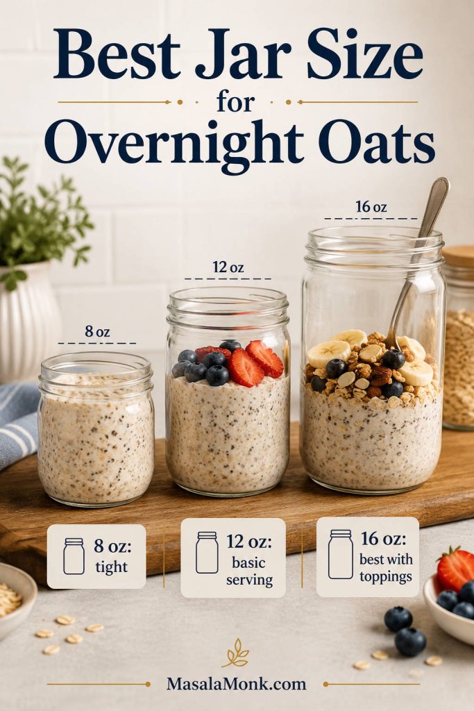 Jar size guide for overnight oats showing 8-ounce, 12-ounce, and 16-ounce jars with different fill levels.