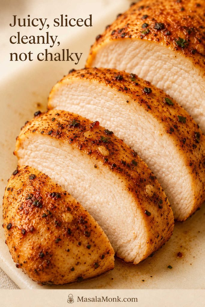 Close-up of sliced baked chicken breast showing a moist white interior and browned seasoned edges.