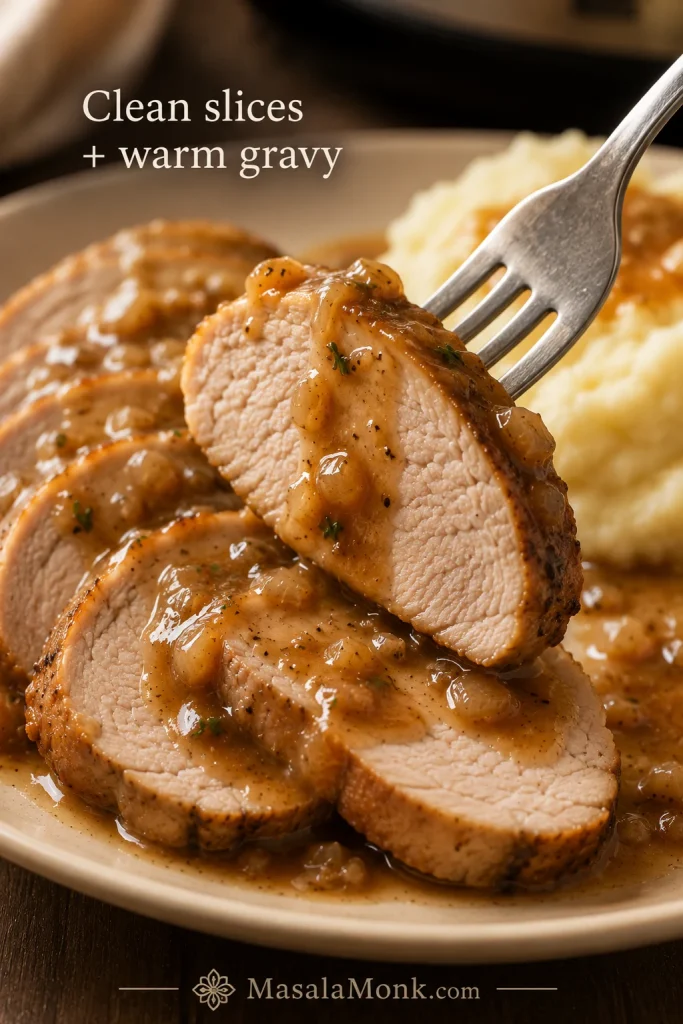 Close-up of sliced slow cooker pork loin with glossy onion garlic gravy and a fork lifting one moist slice.