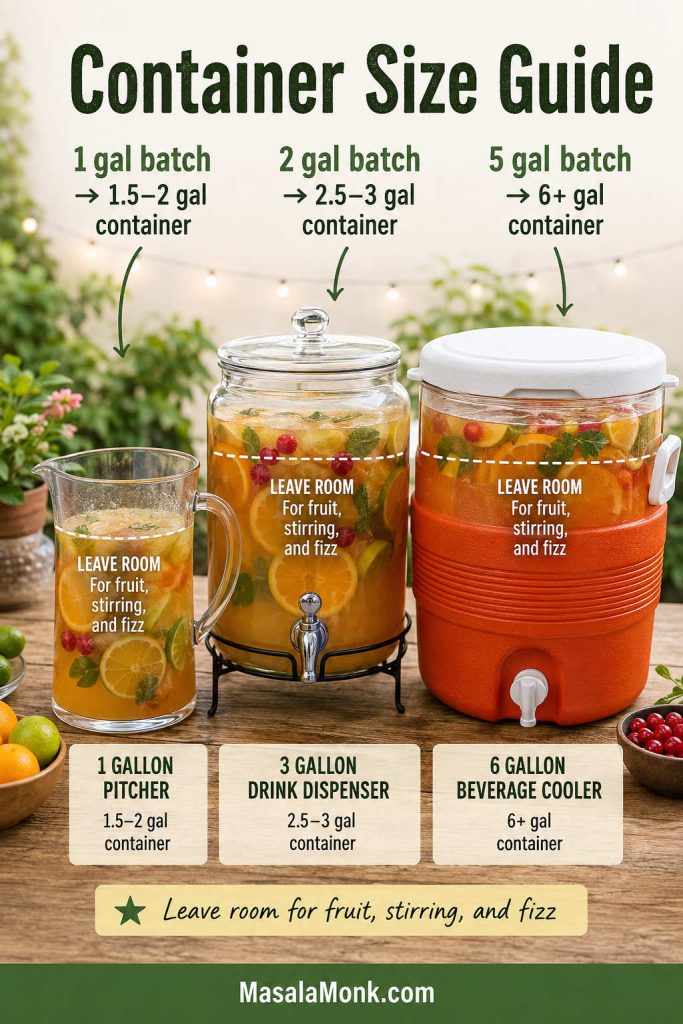 Container size guide showing a 1-gallon pitcher, 3-gallon drink dispenser, and 6-gallon beverage cooler with fill lines and space for fruit, stirring, and fizz.