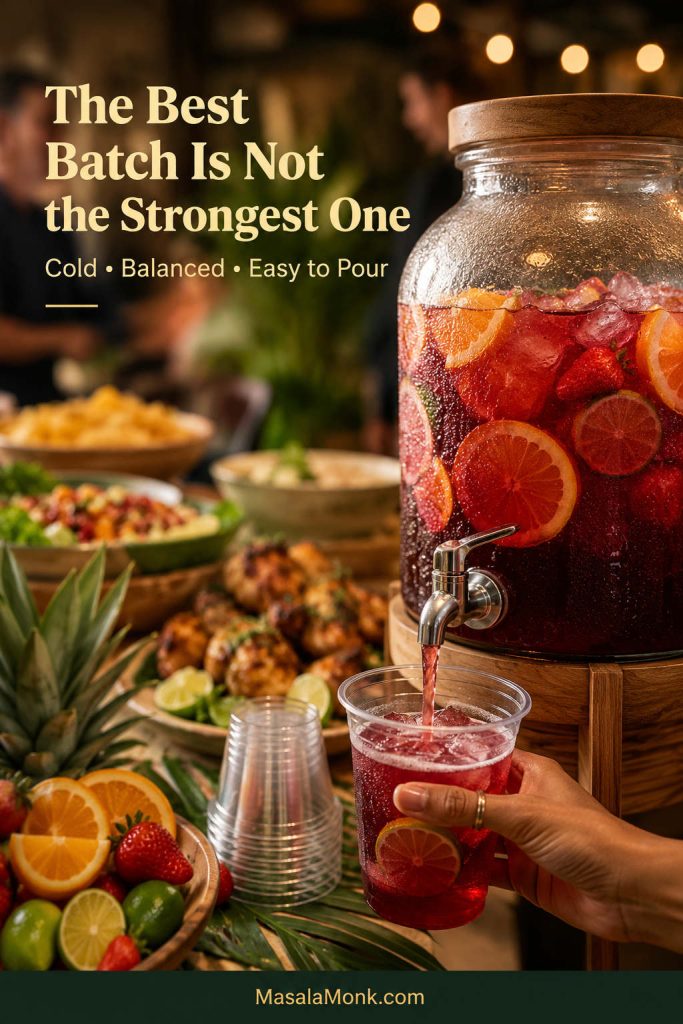 Cold jungle juice dispenser with sliced fruit, cups, party food in the background, and a hand pouring punch into a cup.