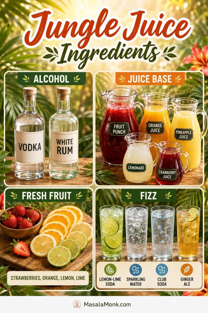 Jungle juice ingredients arranged by category, including alcohol, juice base, fresh fruit, and fizzy mixer.