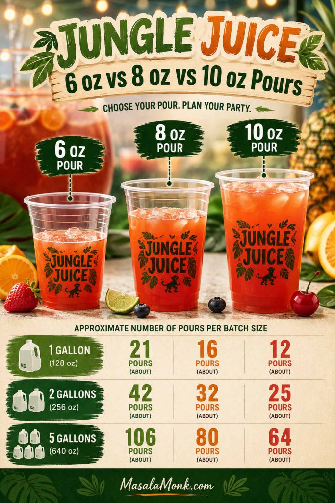 Serving-size guide showing 6-ounce, 8-ounce, and 10-ounce jungle juice pours with estimated servings for 1, 2, and 5 gallons.