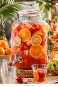 Large glass drink dispenser filled with red-orange jungle juice, sliced oranges, strawberries, limes, ice, and party cups on a table.