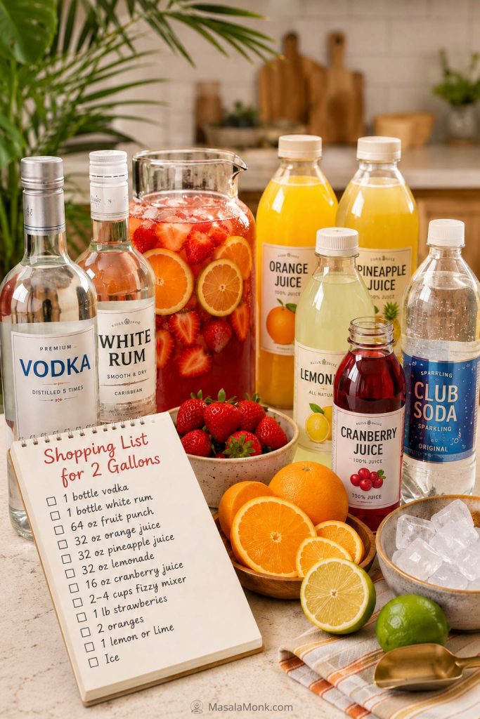 Shopping list for 2 gallons of jungle juice with vodka, rum, fruit punch, orange juice, pineapple juice, lemonade, cranberry juice, fizzy mixer, fruit, and ice.
