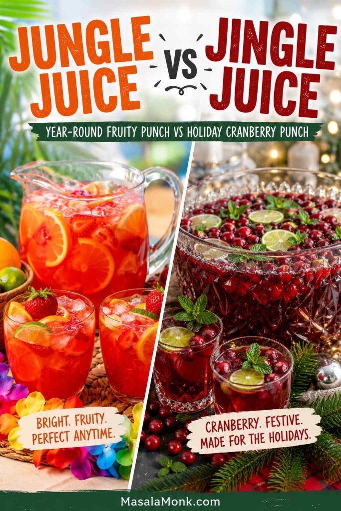 Split comparison of jungle juice with orange-red fruit punch and citrus beside jingle juice with cranberry punch, mint, lime, cranberries, and holiday garnish.