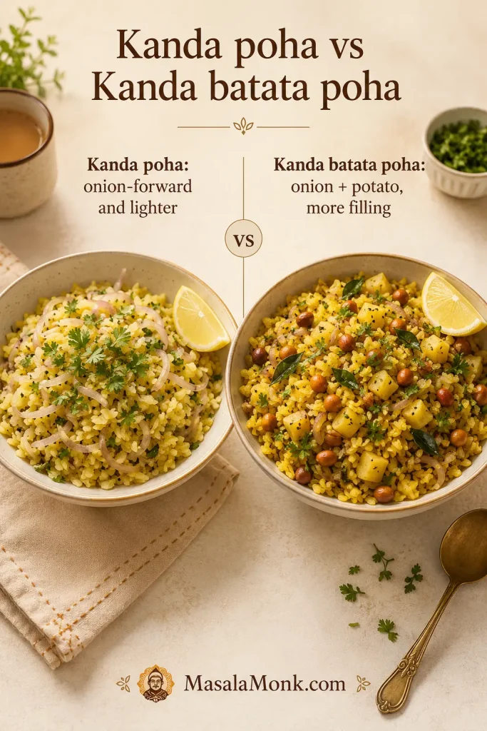 Comparison of kanda poha with onion and kanda batata poha with onion, potato, peanuts, and lemon.