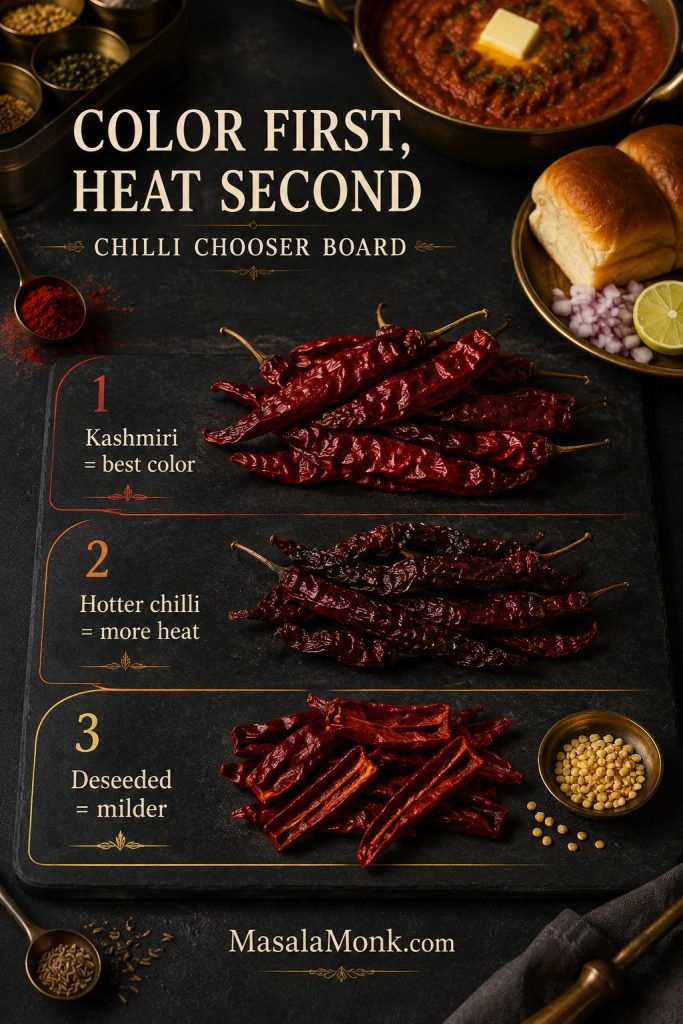 Kashmiri dried red chillies, hotter dried chillies, and deseeded chillies compared for color, heat, and mildness in pav bhaji masala.