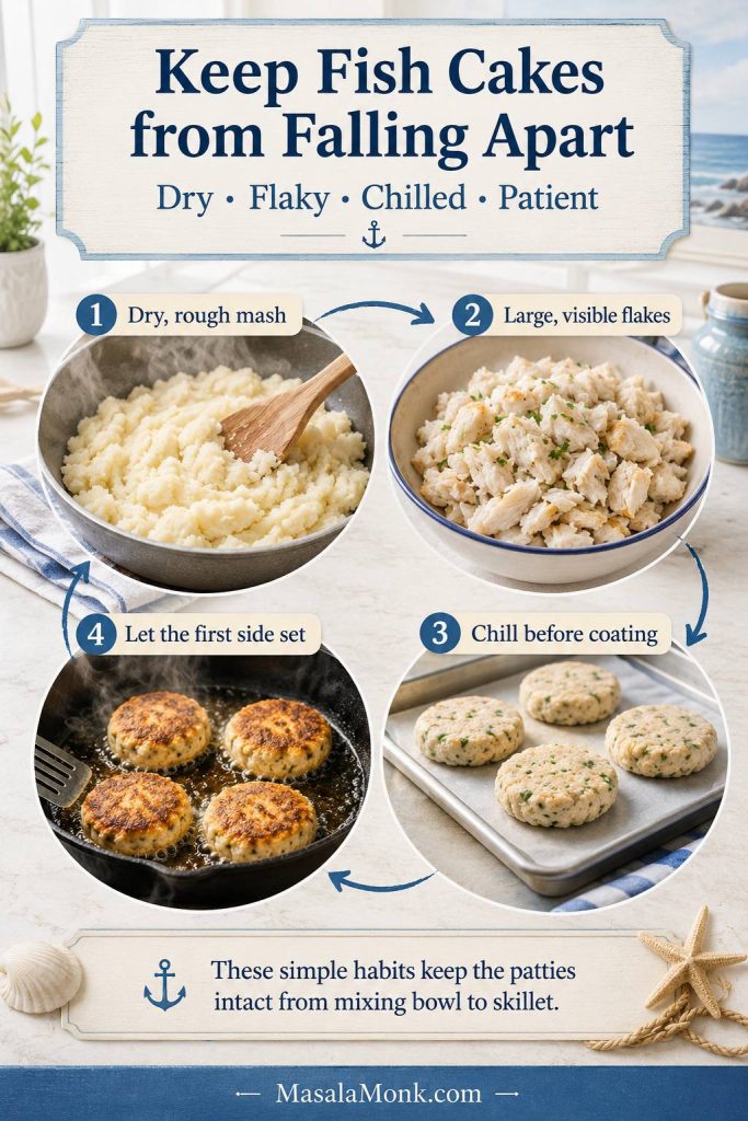 Prevention guide showing dry mash, large fish flakes, chilled patties, and fish cakes frying without being moved too soon