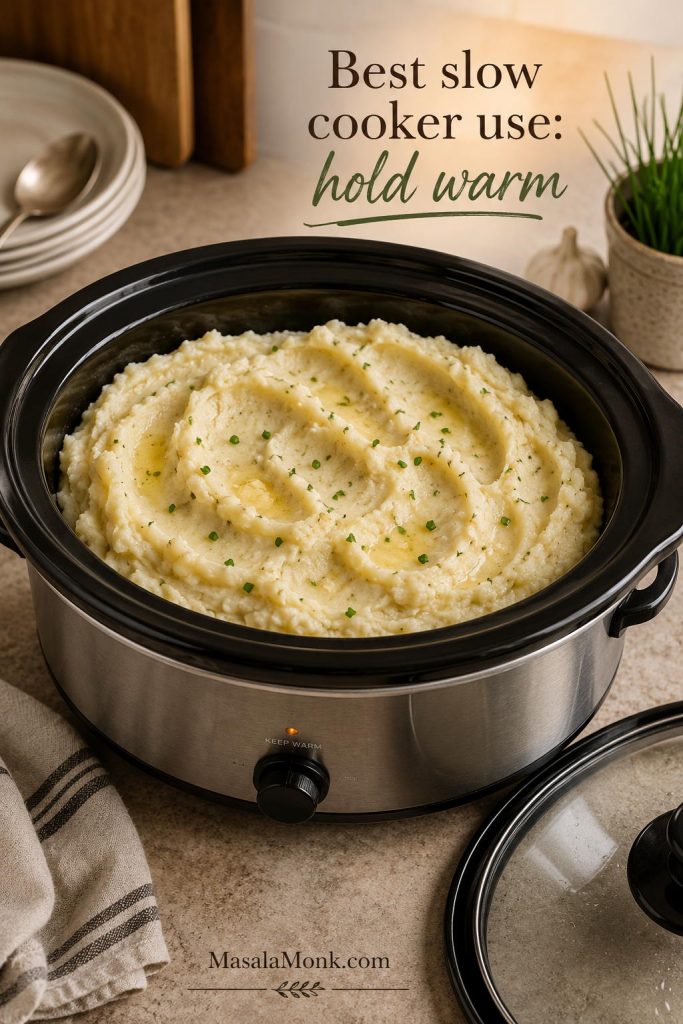Garlic mashed potatoes held warm in a slow cooker with butter, chives, and soft spoon marks.