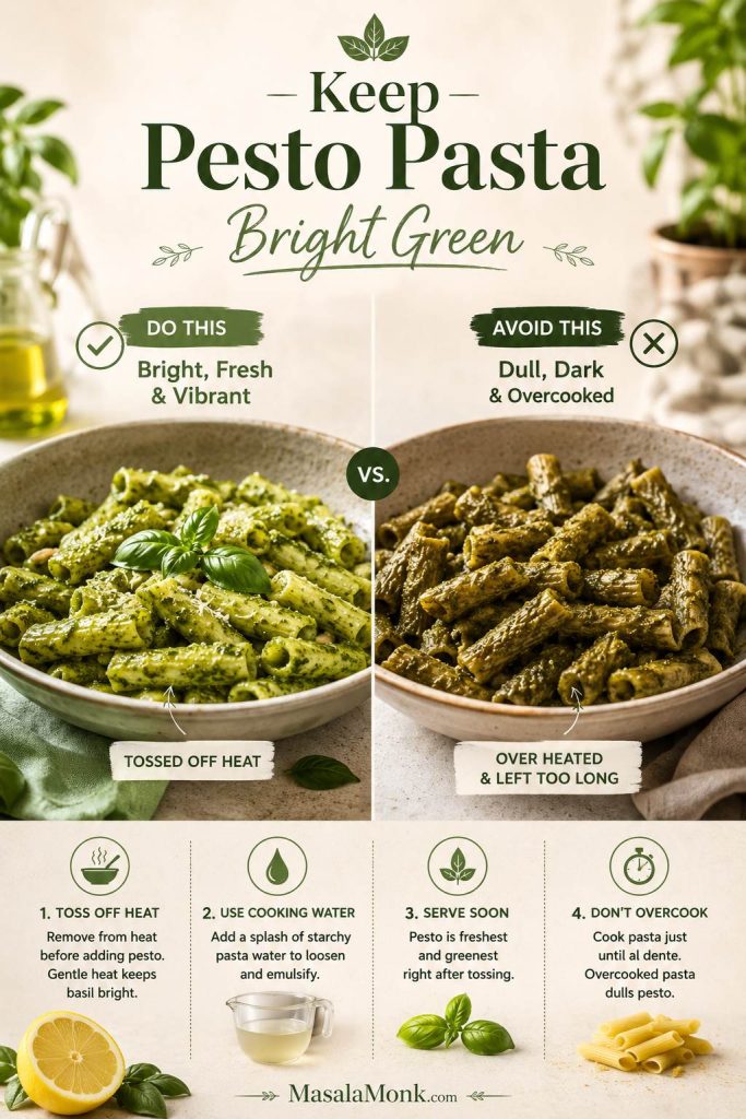 Bright green pesto pasta compared with dull dark overheated pesto pasta, with tips for gentle heat and quick serving