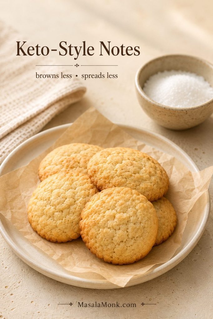 Keto-style almond flour cookies on parchment with a bowl of granular low-carb sweetener nearby.