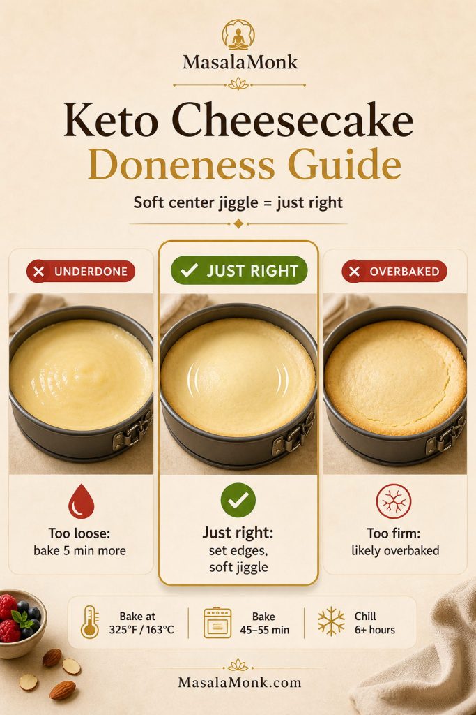 Doneness guide showing underbaked, just right, and overbaked keto cheesecake centers with a soft jiggle cue.