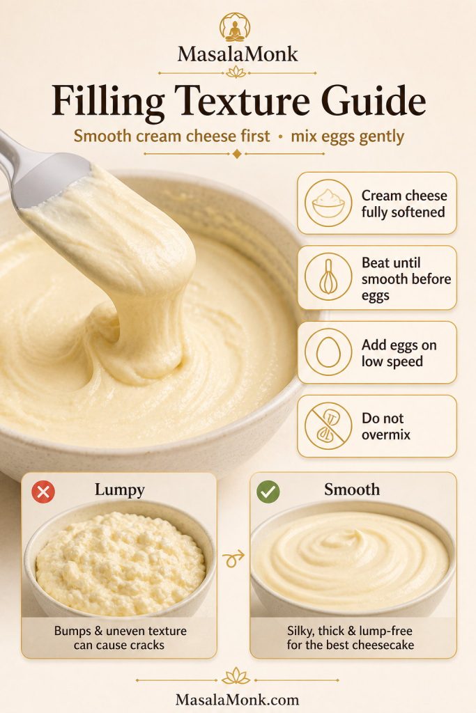 Keto cheesecake filling texture guide showing smooth batter, lumpy filling, and reminders to soften cream cheese and mix eggs gently.