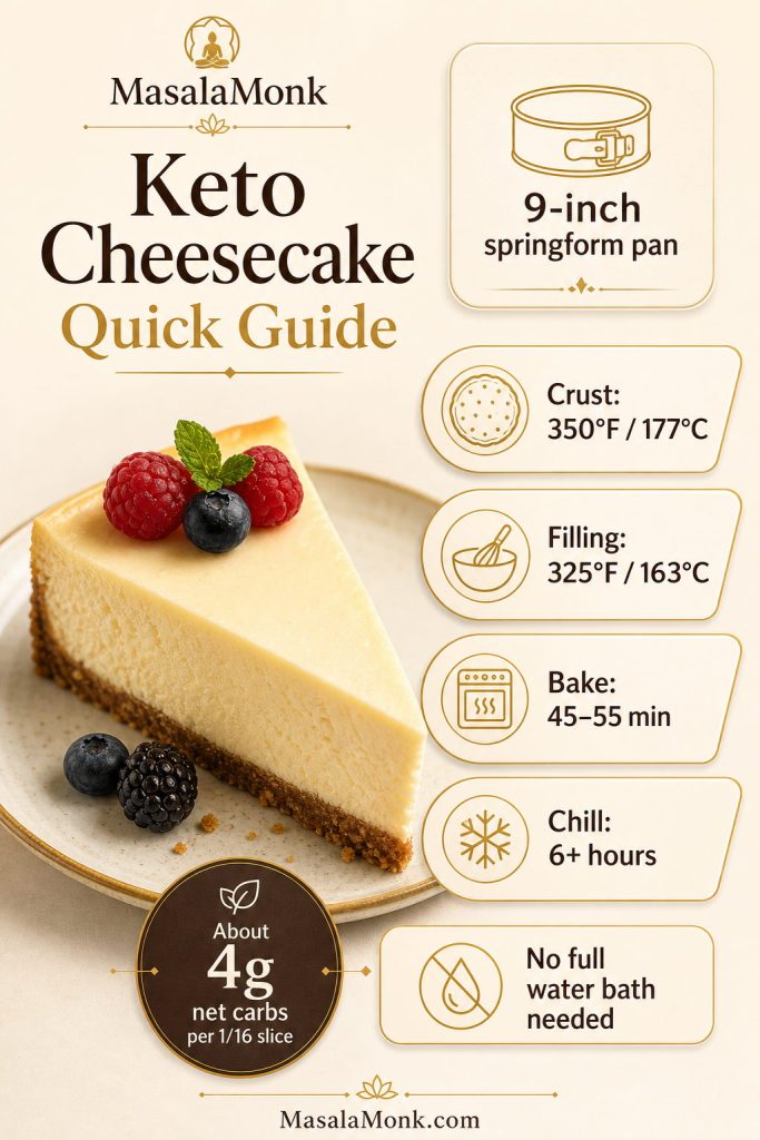 Keto cheesecake quick guide showing a cheesecake slice with baking temperature, pan size, chill time, and net carb notes.