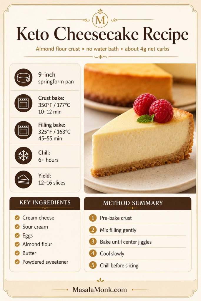 Keto cheesecake recipe card with a cheesecake slice, almond flour crust, no water bath note, baking temperatures, chill time, and key ingredients.