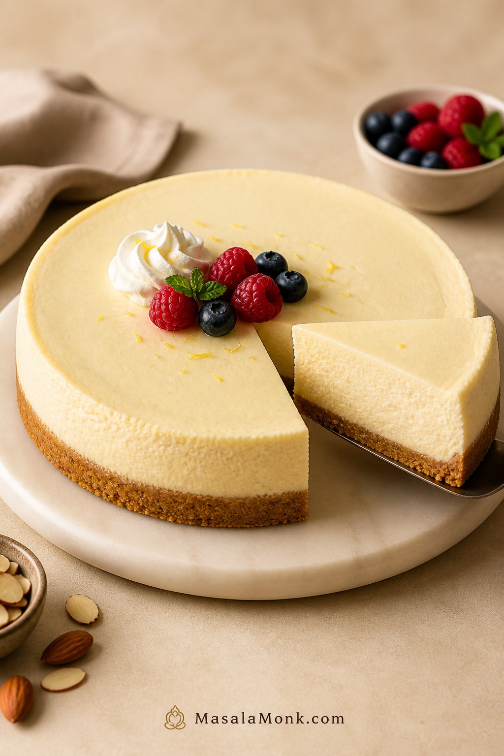 Finished keto cheesecake with one slice removed, showing creamy filling and a golden almond flour crust with berries nearby.