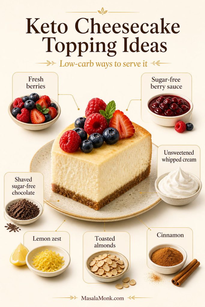 Keto cheesecake topping ideas with fresh berries, sugar-free berry sauce, whipped cream, shaved chocolate, lemon zest, toasted almonds, and cinnamon.