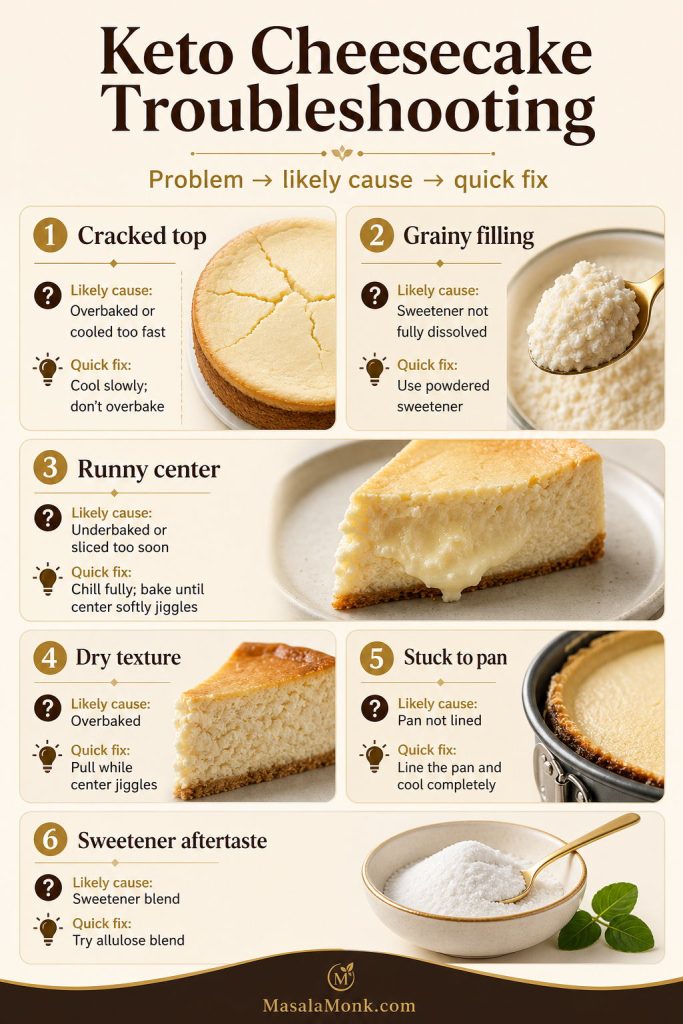 Keto cheesecake troubleshooting board showing cracked top, grainy filling, runny center, dry texture, stuck pan, and sweetener aftertaste fixes.