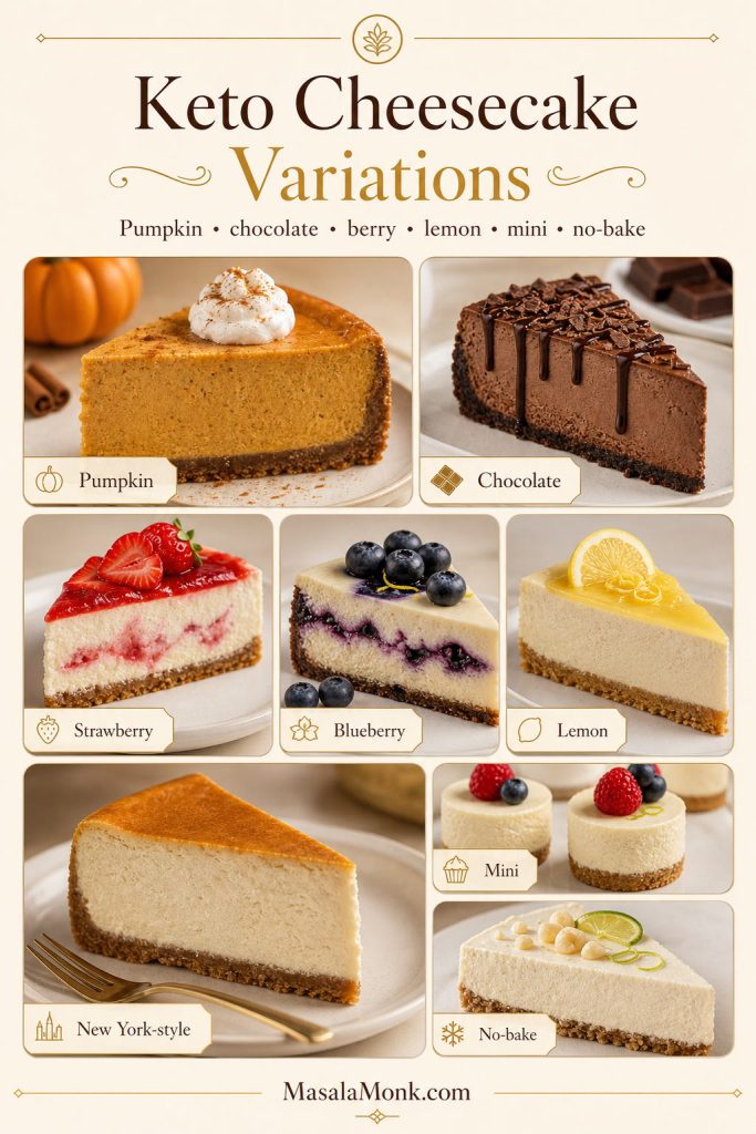 Keto cheesecake variations board with pumpkin, chocolate, strawberry, blueberry, lemon, New York-style, mini, and no-bake cheesecake options.