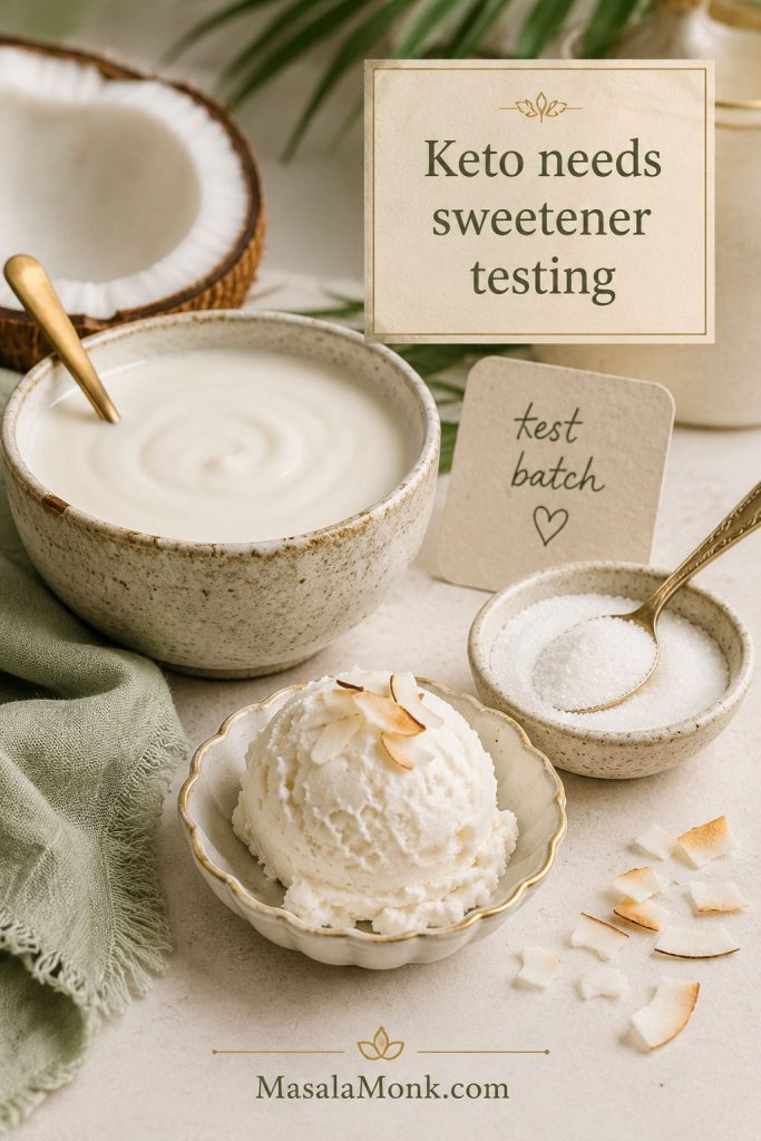 Coconut cream, low-carb sweetener, and a small test batch of coconut ice cream arranged to illustrate keto sweetener testing.