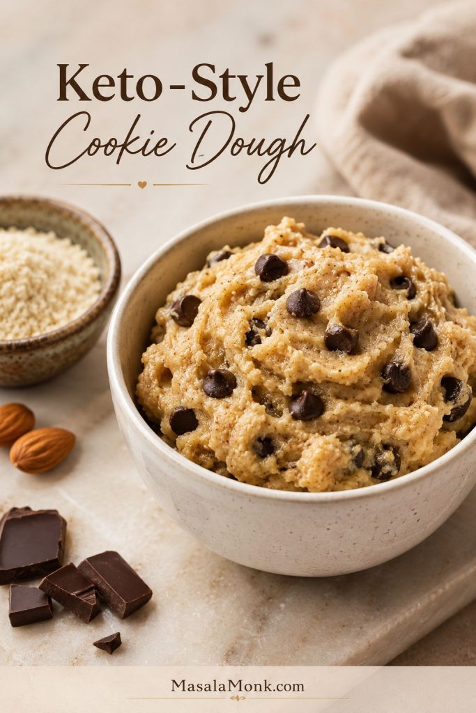 Keto-style edible cookie dough in a bowl with almond flour, almonds, and dark chocolate pieces nearby.