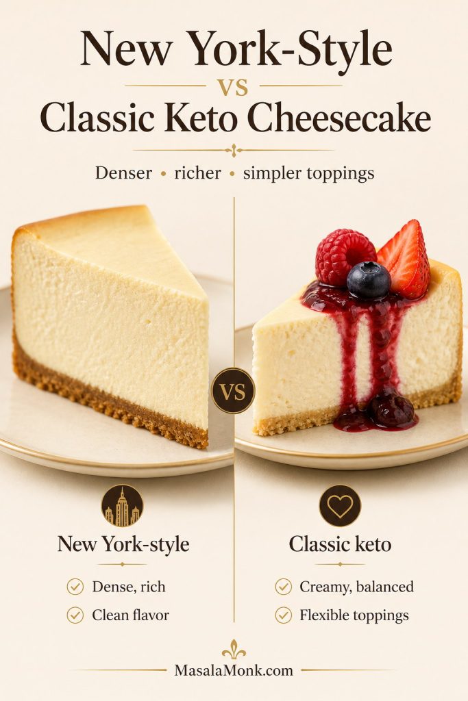 Comparison of New York-style keto cheesecake and classic keto cheesecake slices, showing a denser plain slice and a berry-topped slice.
