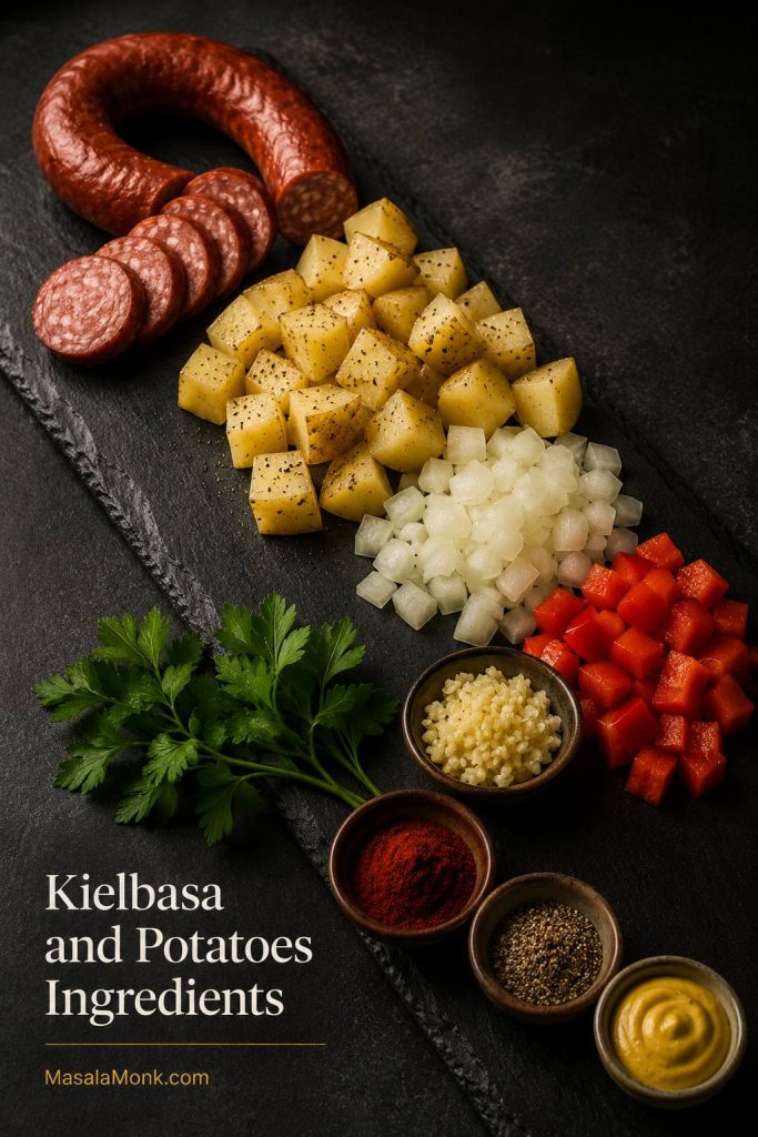 Ingredients for kielbasa and potatoes arranged on a dark surface, including sausage, potatoes, onion, pepper, garlic, paprika, mustard, and parsley.