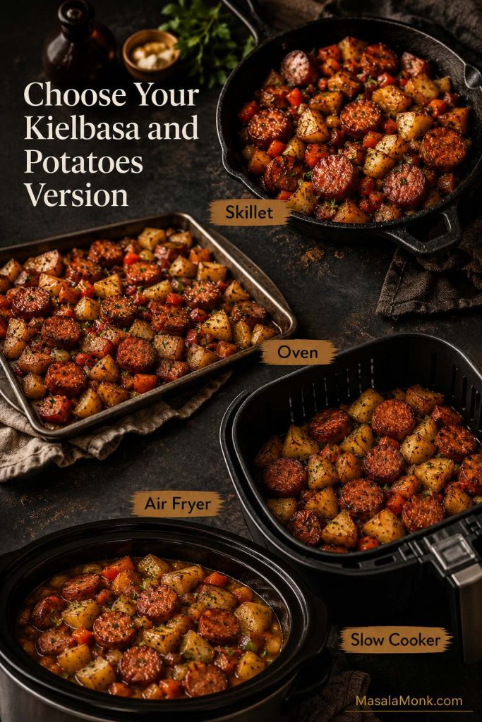 Method chooser showing skillet, oven, air fryer, and slow cooker versions of kielbasa and potatoes.