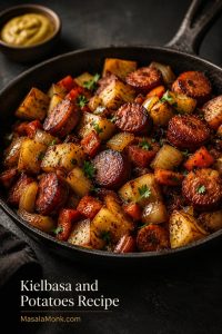 Cast iron skillet filled with browned kielbasa slices, golden potatoes, onions, bell peppers, parsley, and a small bowl of mustard.