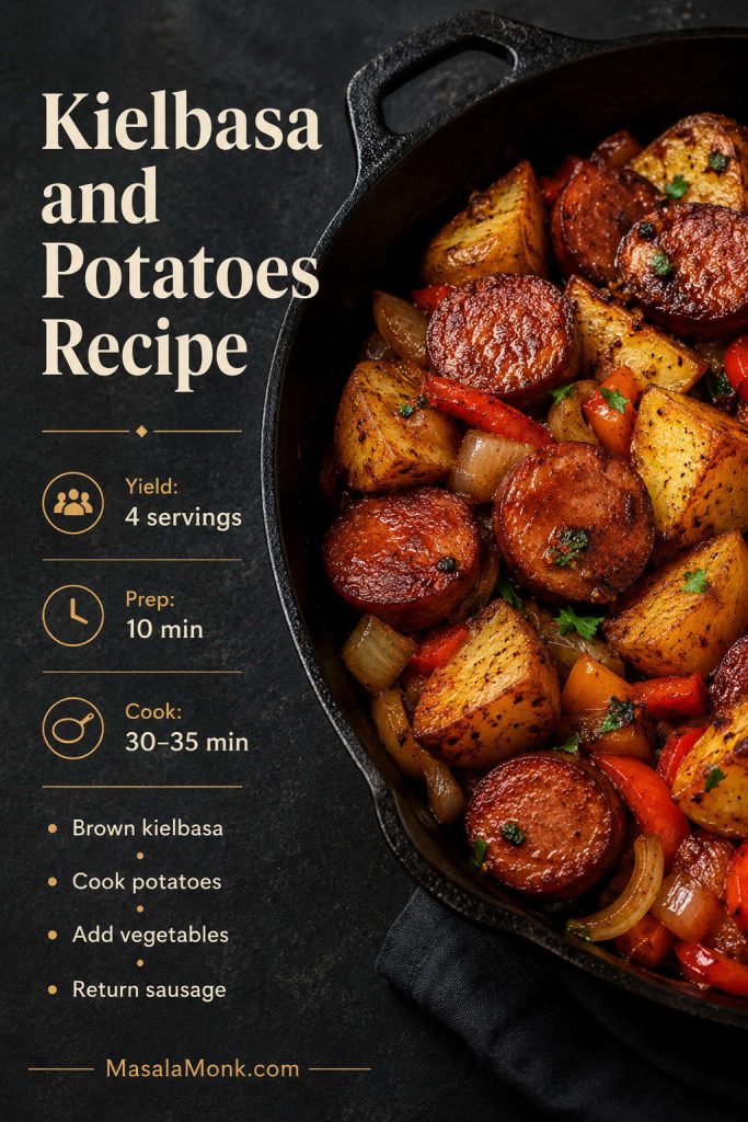 Recipe card image for kielbasa and potatoes with a skillet photo, yield, prep time, cook time, and method summary.