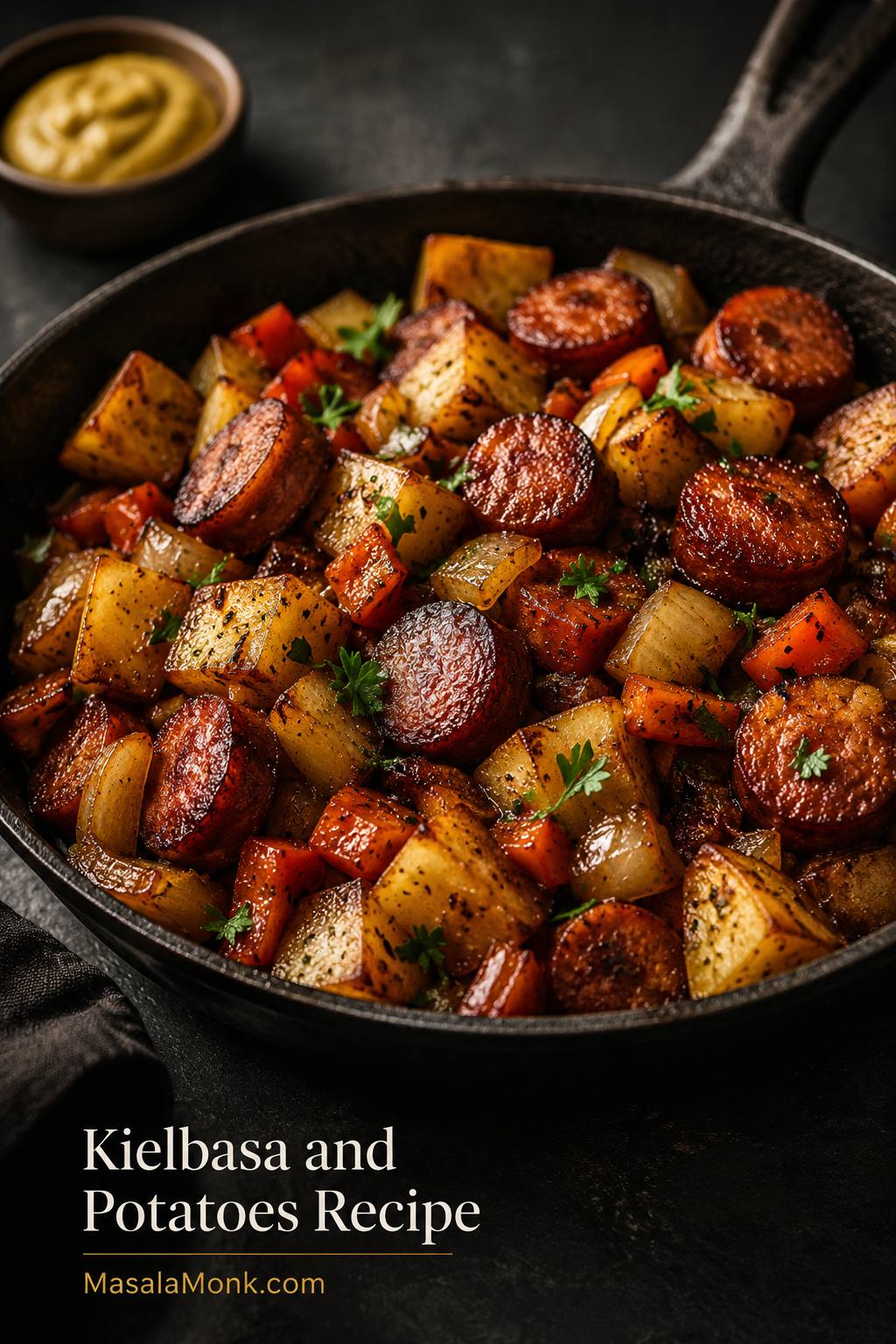 Cast iron skillet filled with browned kielbasa slices, golden potatoes, onions, bell peppers, parsley, and a small bowl of mustard.
