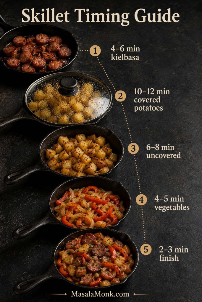 Timing guide for kielbasa and potatoes showing sausage browning, covered potatoes, uncovered potatoes, vegetables, and final finish.