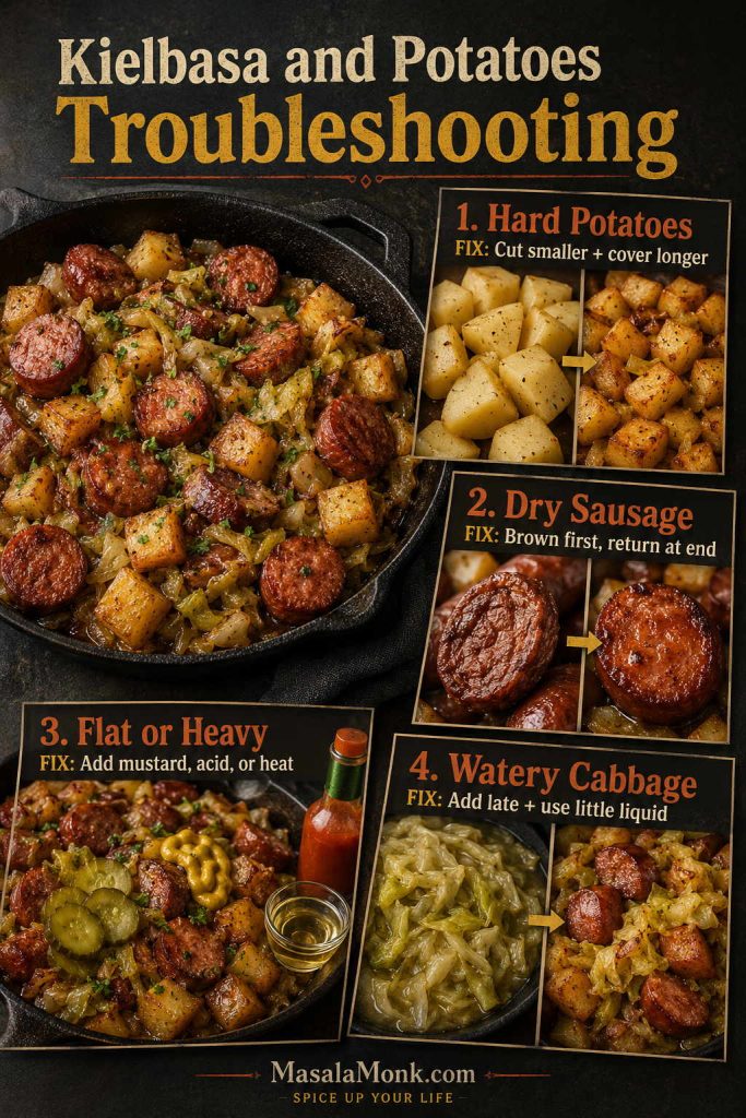 Troubleshooting board for kielbasa and potatoes showing fixes for hard potatoes, dry sausage, flat flavor, and watery cabbage.