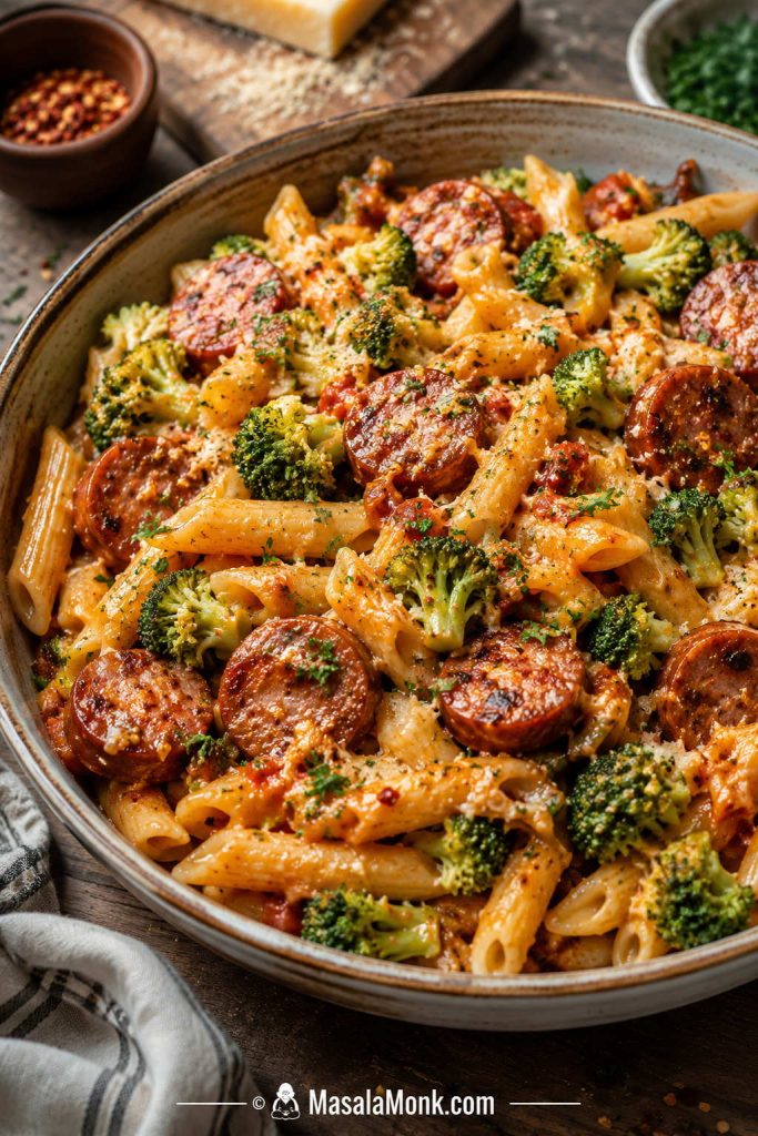 Kielbasa broccoli pasta with penne, browned sausage slices, small broccoli florets, tomato-cheese sauce, and herbs.